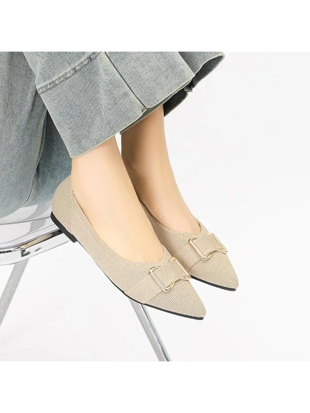 Women's Beige Comfortable Knit Ballet Flats Shoes Pointed Toe Dress Shoes